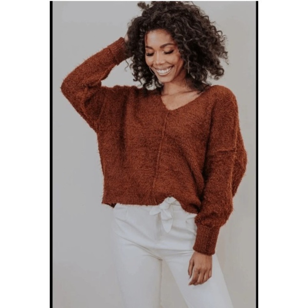 Free People‎ Icing V Neck Fuzzy Sweater Mocha Java Womens Size XS Cozy Soft Chic